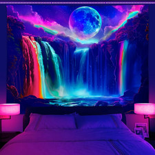 1PC Colorful Waterfall UV Response Tapestry, Moon Night Sky Natural Landscape Bl