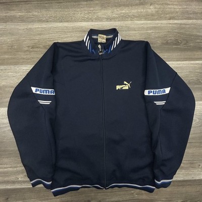 Vintage Puma Track Jacket Mens XL Blue Full Zip Logo Striped Sleeves Retro 80s