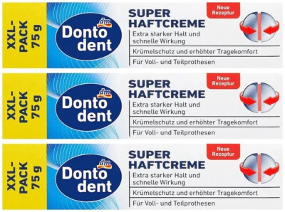 DONTODENT Super Haftcreme Extra starker Halt mit Krümelschutz 3x 75 g XXL-Pack
