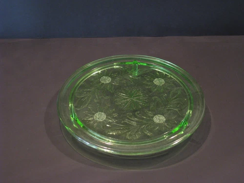 Depression Glass Jeannette Sunflower three footed cake stand plate green 10 inch