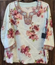 John Mark Plus Size 1X Ice Blue Floral Embroidered Beaded 3/4 Sleeve Tunic Top