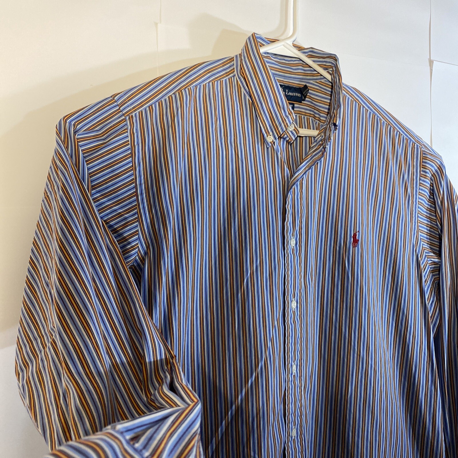 Camicia Ralph Lauren con bottoni; uomo grande; righe arcobaleno; colorata; logo pony