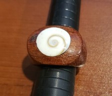 Coconut wood ring, brown, seashell inlay, size 7