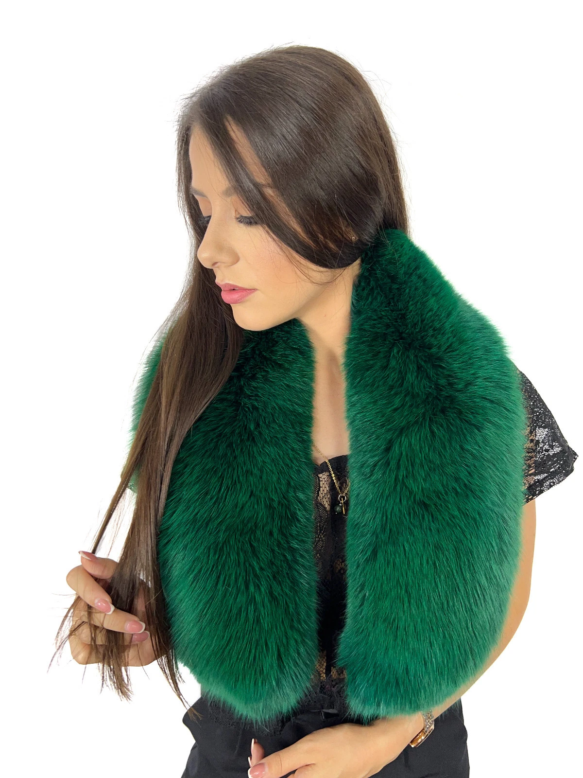 Finn Fox Fur Stole 47" (120cm) Military Green Color Saga Furs Collar Big Scarf