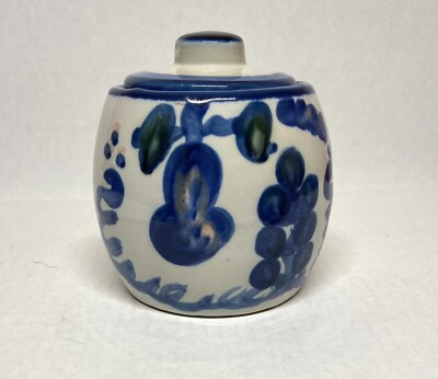 M.A. Hadley Pottery Sugar & Lid Blue Pear and Grapes design- 5'' tall