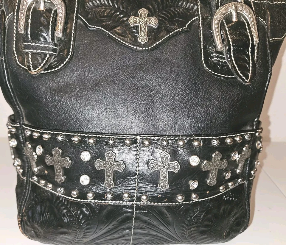 Bolso Cartera American West Cross Cremallera Superior Cuero Negro Tachonado Tooled 12x8x4 Foto 4 de 4