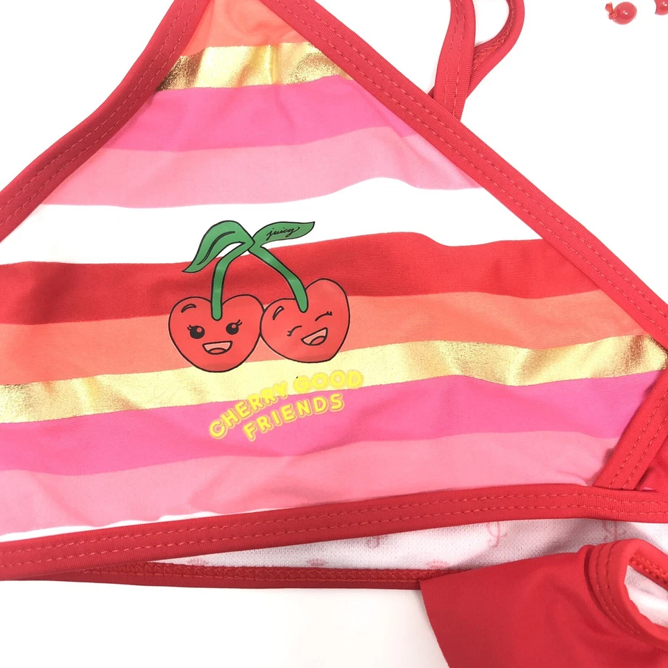 NUEVO CON ETIQUETAS Juicy Couture Etiqueta Negra Niñas 14 2 Piezas Traje de Baño Bikini Rosa Rayas Cereza K Foto 3 de 4