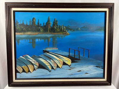 Jan Devlin Signed Original Painting Wooden Boats On A Dock Diamond Lake Vintage
