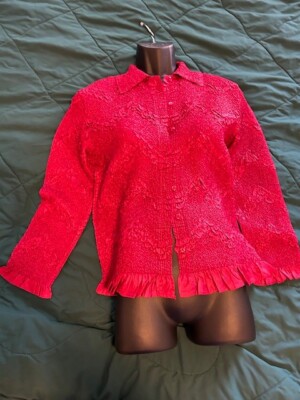 Women s 2-Piece Red Crinkle Twin Set Jacket Tank Crinkle Size S/L Small
