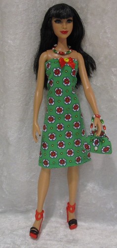 Handmade Clothes for 12” Fashion Dolls, Dress, Necklace, Purse Set #SDB42