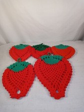 Vintage Crochet Strawberry Hot Pad Pot Holder Set Of 5 Various Sizes 2 With Mark