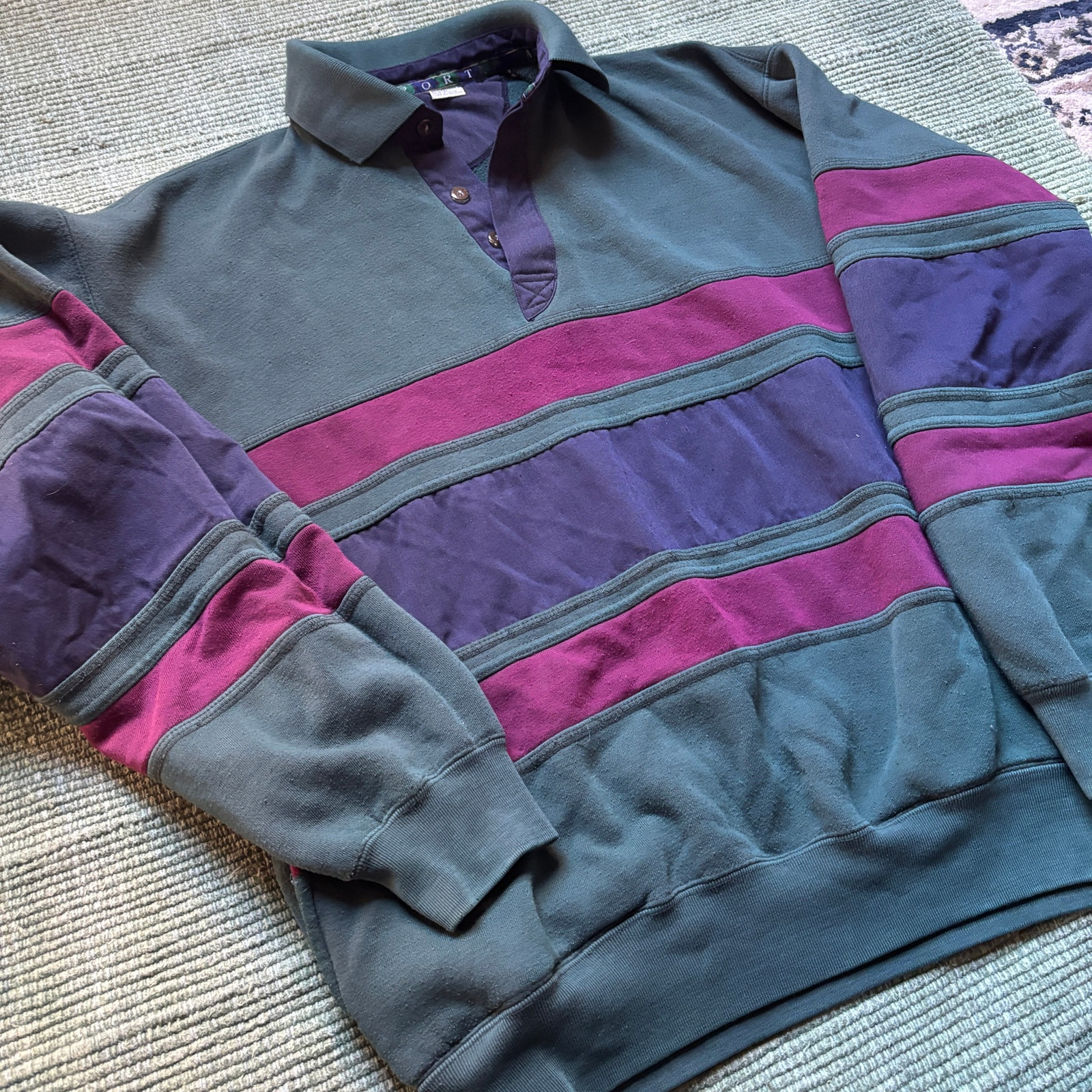 Vintage basic three tone striped collared sweatsh… - image 5