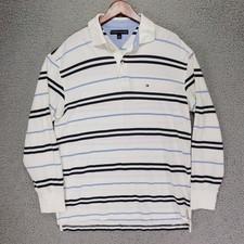 Vintage Tommy Hilfiger Polo Rugby Shirt Mens L White Striped Preppy Y2K Pique