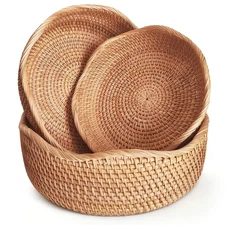 Rattan Bread Basket for Serving, Hand Woven Fruit Basket, Natural Wicker Bask...