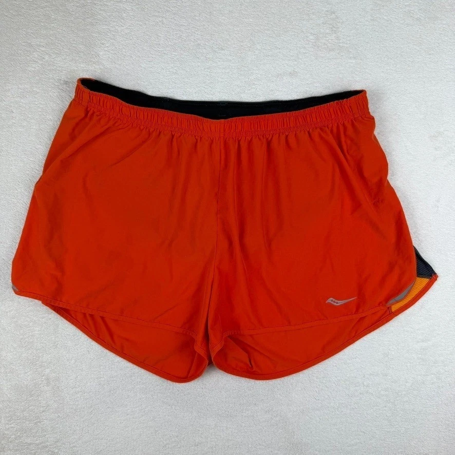 Saucony RunDry Running Shorts Mens L Orange Lined Zip Pocket Athletic 2.5 Inseam