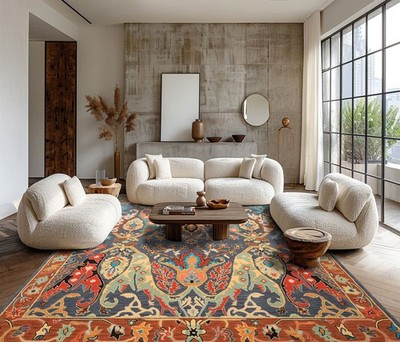 Multi Size Hand Tufted Wool Blue, Caramel Boho Arts & Crafts Plush Pile Rug