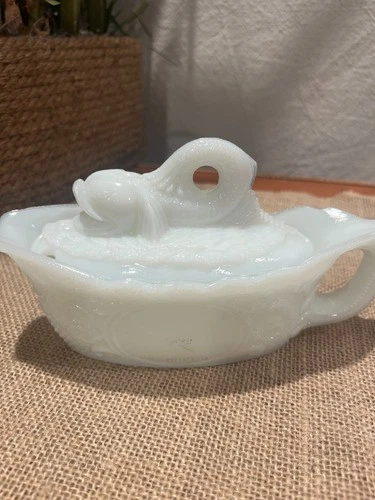 Vintage White Milk Glass Covered Dish - Scalloped Edge - Figural Fish Lid