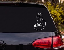 Cartoon Fox Sitting Smiling Outline Bushy Tail Curled Vinyl Decal Sticker
