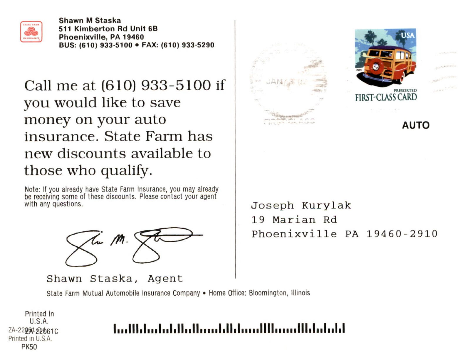 State Farm Insurance, Shawn Staska, Auto Insurance Discounts, 2001 Postcard