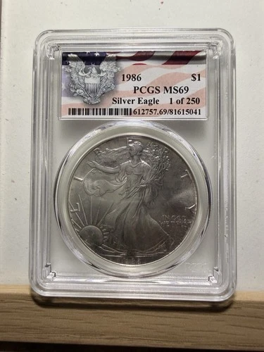 1986 Silver Eagle PCGS MS69 First Year Flag Label 1 of 250 ASE