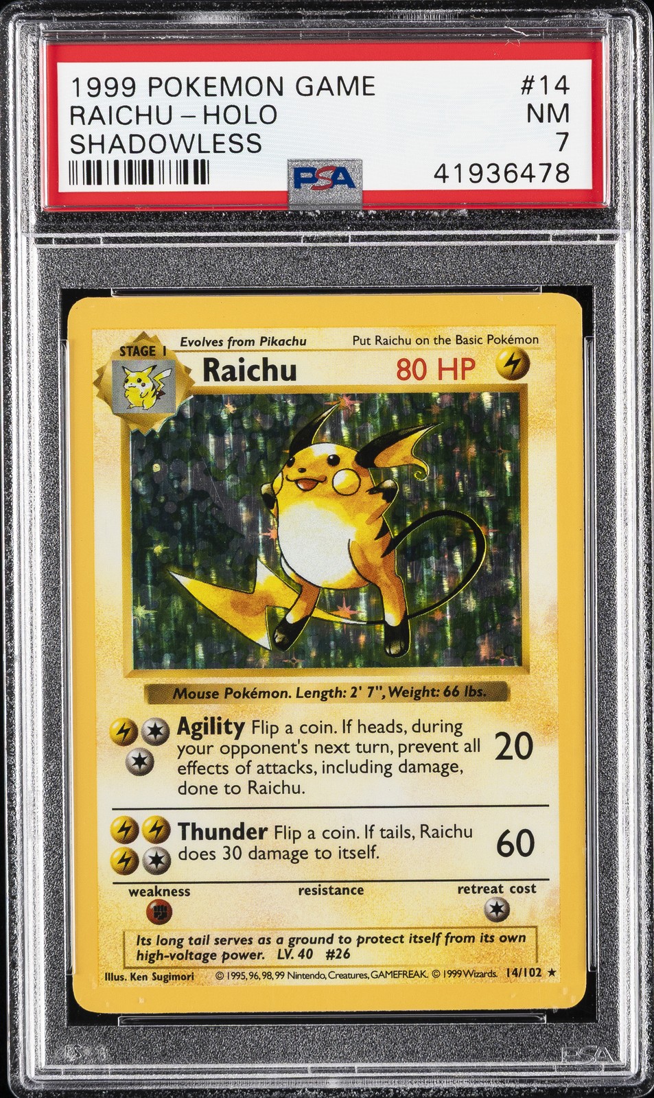 1999 POKEMON BASE SET SHADOWLESS #14 RAICHU-HOLO PSA 7