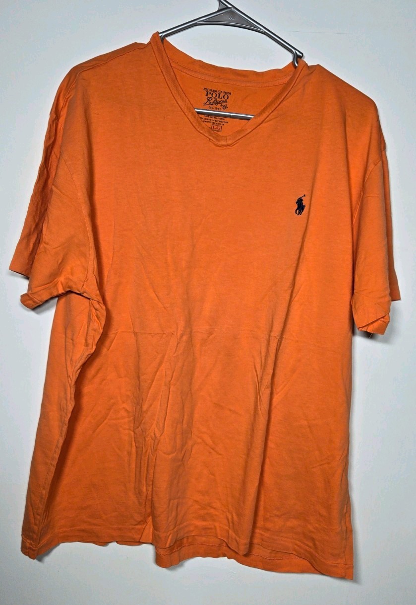 Polo Ralph Lauren Men's T-Shirt Large Orange V-Neck Short Sleeve Pony Logo Tee