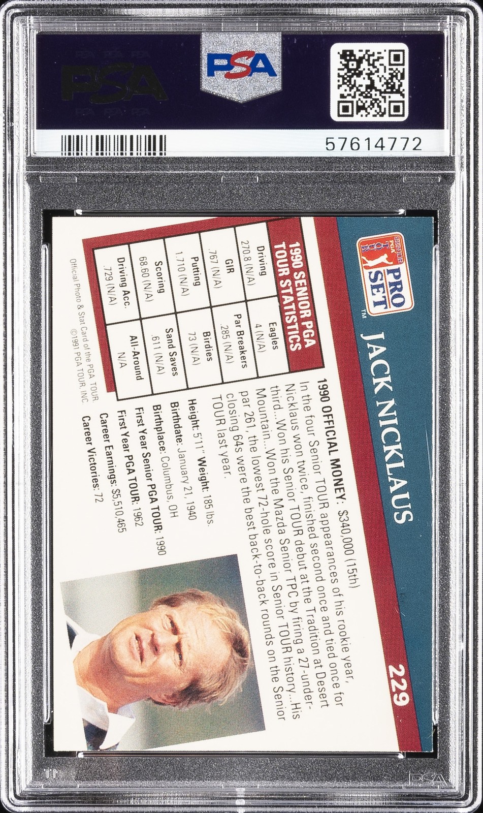 1991 PRO SET PGA TOUR #229 JACK NICKLAUS PSA 9 view 2