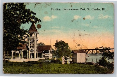 Pottawatomie Park Pavilion St. Charles Illinois Vintage Postcard E. O. Kropp