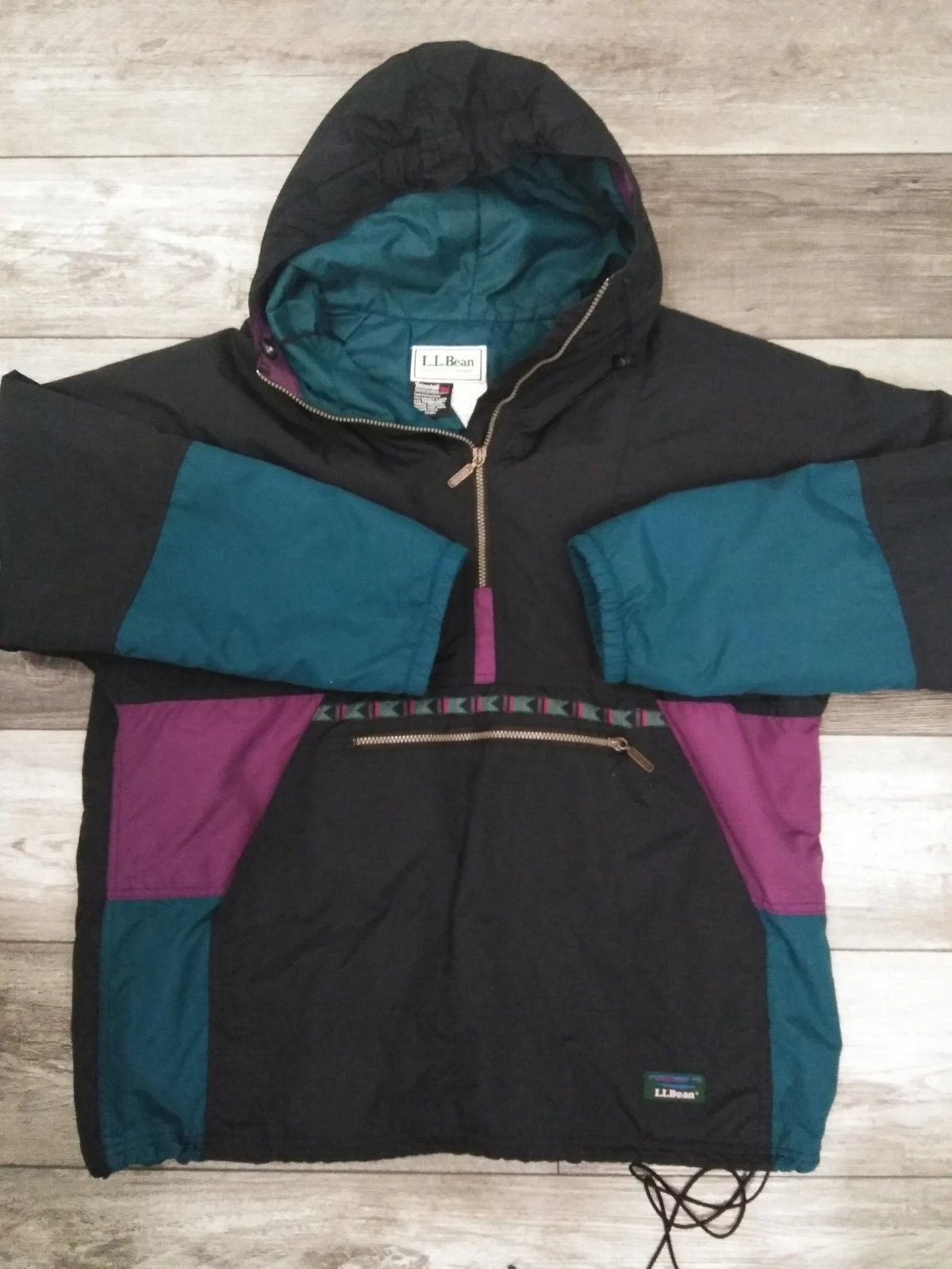 L.L. Bean Anorak Jacket Men's LG, GREEN, BLACK, Thermal Insulation 1/2 Zip USA