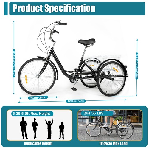 Erwachsene Dreirad 8-Gang 3 Räder Fahrräder Senioren Dreirad 24 Zoll mit Korb DE - Bild 14 von 20