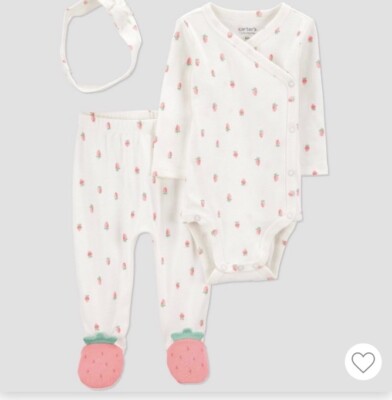 Carters Baby Girl Size Preemie 3pc. Strawberry Set Long Sleeve Top & Bottom Band