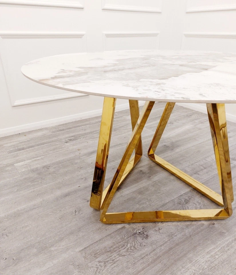 Aisha Luxury Italian 1.3m Round White Marble Stone Gold Dining Table NEW - Image 4 of 4