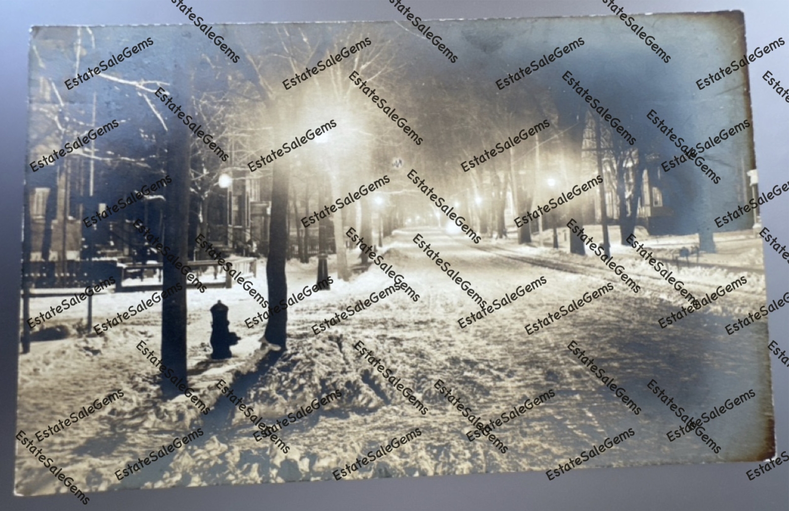 Antique RPPC 1917 nighttime snowy street scene Real Photo Postcard 
