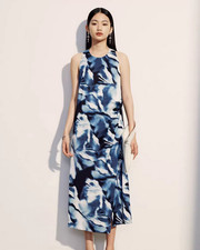 Womens Temperament Long Skirt Holiday Printed Long Dress Sleeveless Crew Neck Sz