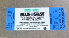 BLUE GRAY ALL STAR COLLEGE FOOTBALL FULL TICKET - 1996 - NEAR MINT