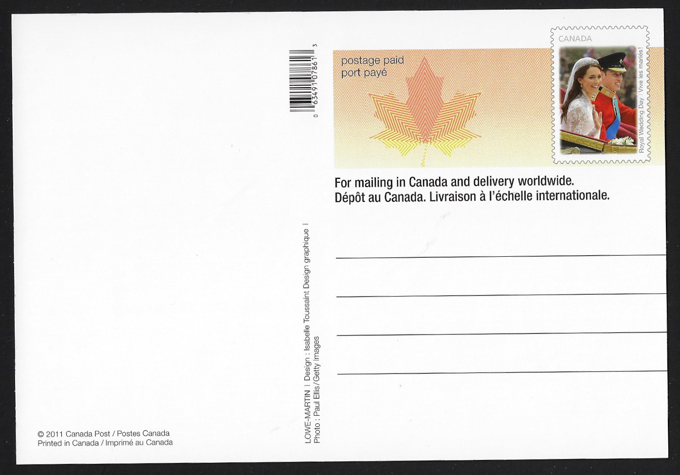 Intl Postage Paid Postcard Delivery We Royal 2011 Worldwide