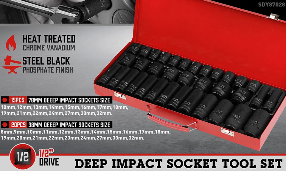 HORUSDY 35Pcs 1/2" Dr. Impact Socket Set Short Deep Socket Metric 8-32mm wt Case - image 2 of 4