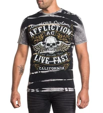 New Affliction Men Shirt S/S Crew Neck American Customs Skull California Black