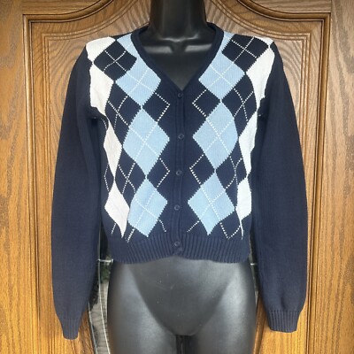 BRANDY MELVILLE Cropped V-Neck Argyle Cardigan Sweater Blue White Button  Front - Main Image