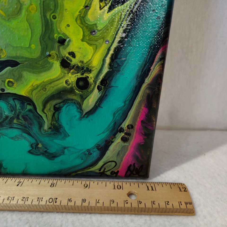 Original Abstract Acrylic Painting Canvas Teal Pink Black Yellow Signed
