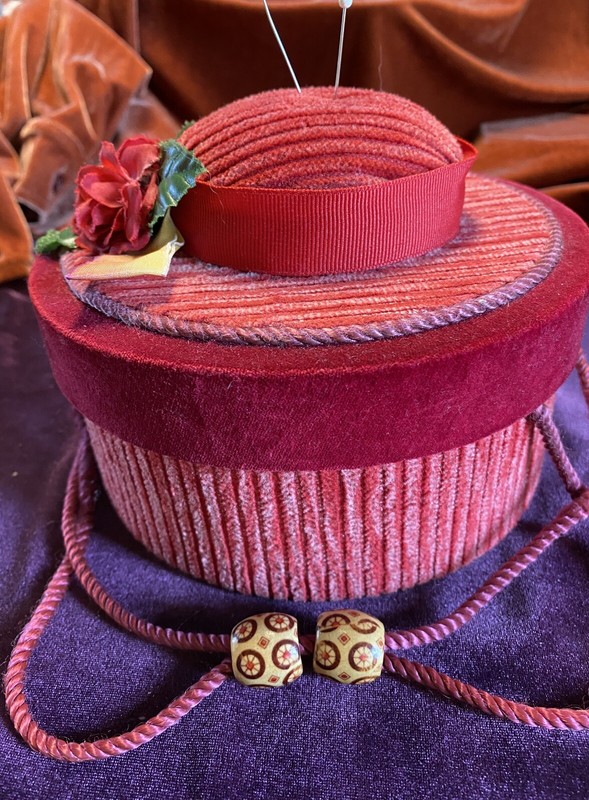 Vintage Sewing Box Rich Velvet Fun Hat w/Handle, Bead, Pin Cushion, Pockets