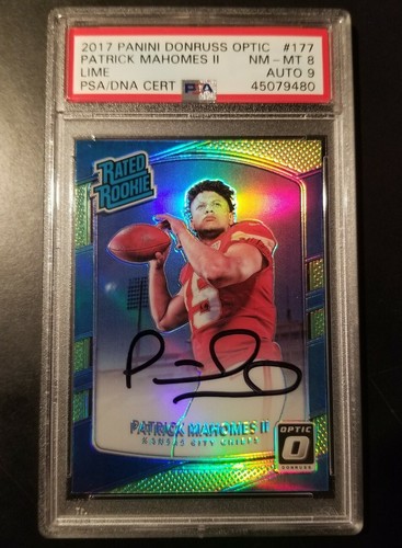 Patrick Mahomes 2017 Panini Donruss Optic Lime Green Prizm RC PSA 8 AUTO 9 1/1