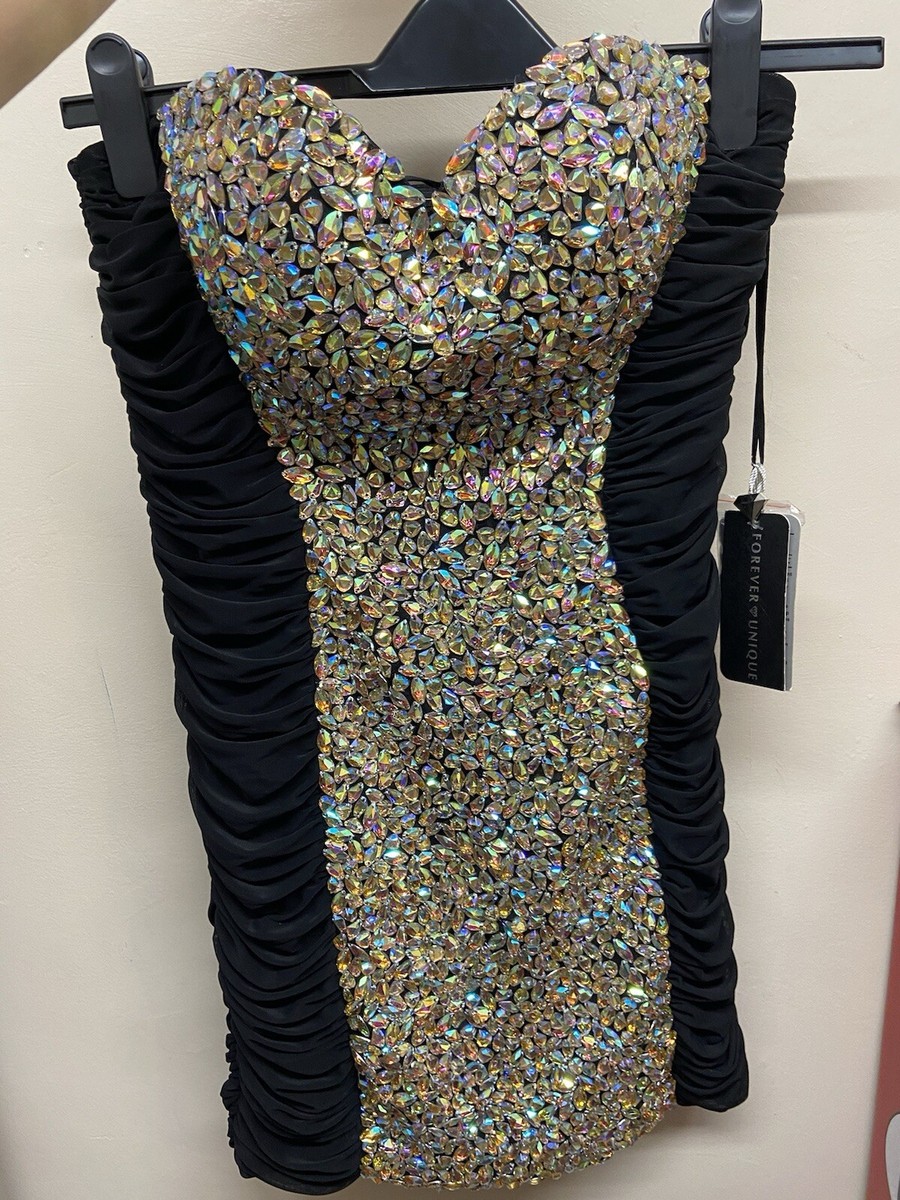 Forever Unique Jovani Style Ruched Black Dress Iridescent Crystals Bodycon  10 | eBay UK
