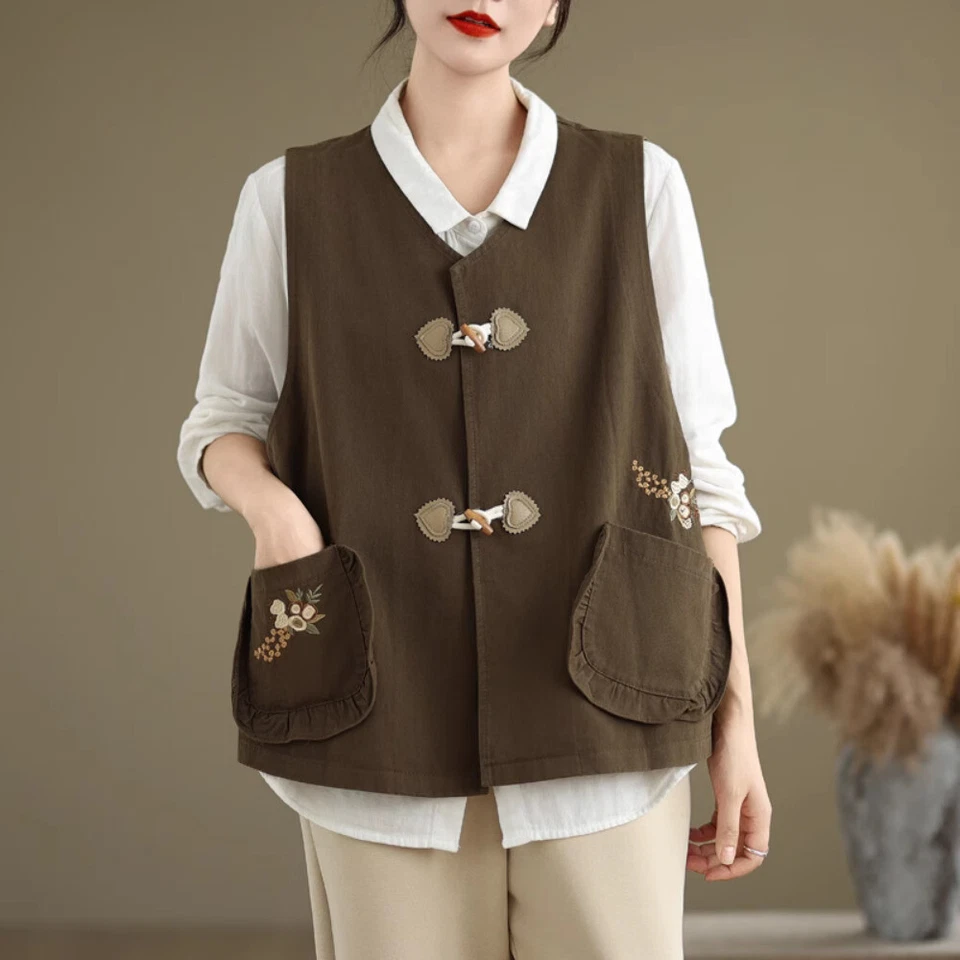 Gilets Sans Manches Brodés Pour Femmes Veste Rétro - Photo 3/4