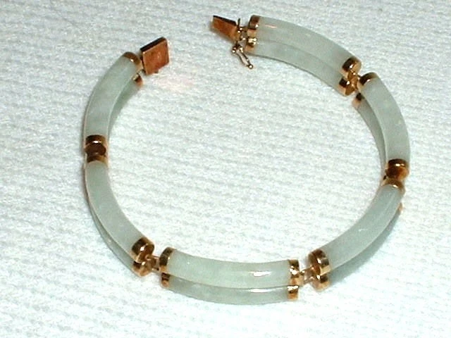 PULSERA TENIS JADEITTE VERDE CLARO CHINA 14K DOBLE FILA CIERRE DE SEGURIDAD FIRMADA Foto 2 de 4