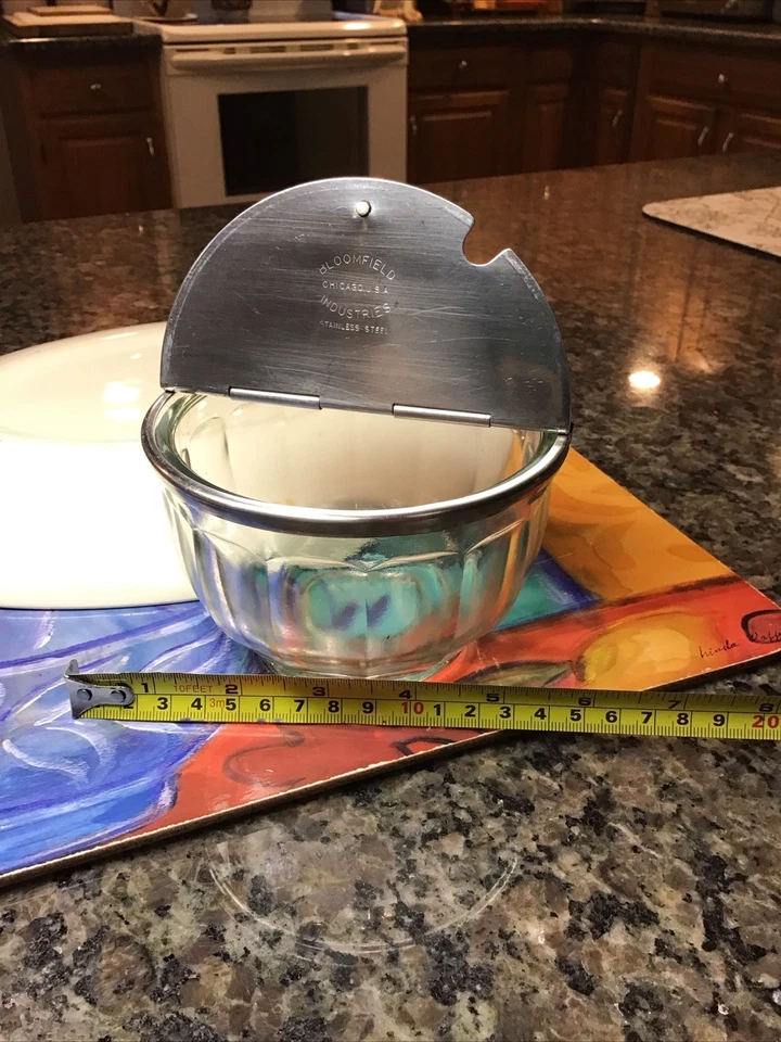 Cuenco de azúcar vintage 1950 Bloomfield Glass Diner acero inoxidable tapa abatible agujero de cuchara Foto 2 de 4