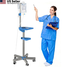 IV Pole with Wheels Adjustable 52-70" 4 Hooks Tray Medical Portable Stand