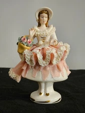 Vintage German Dresden Lace & Porcelain Figurine Karl Klette 4.75" Pink & White
