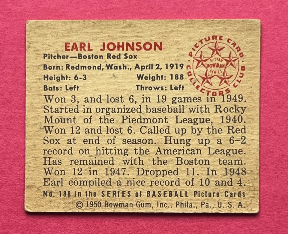 1950 Bowman #188 Earl Johnson - Image 2 of 2