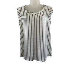 Pleione Shirt Womens Large White Navy Stripe Ruffle Sleeve Blouse Top Pullover